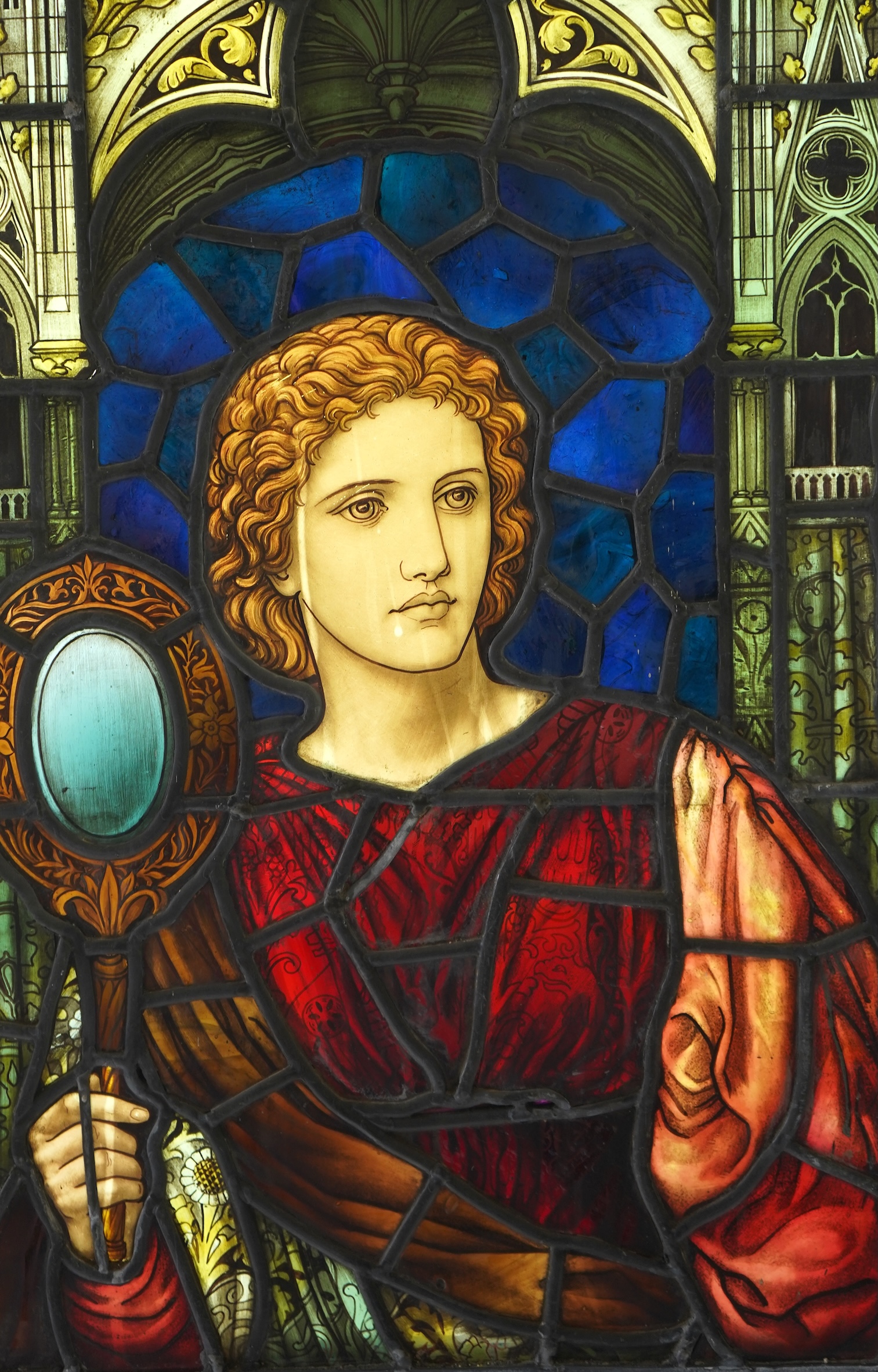 Attributed to Henry Holiday (1839-1927) for James Powell & Son: A stained and painted glass panel of a martyr